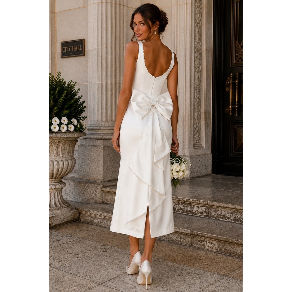 NWT Bridal Wedding Formal White Satin Pearl Trim Back Bow Luxe Chic Dress Sz10
